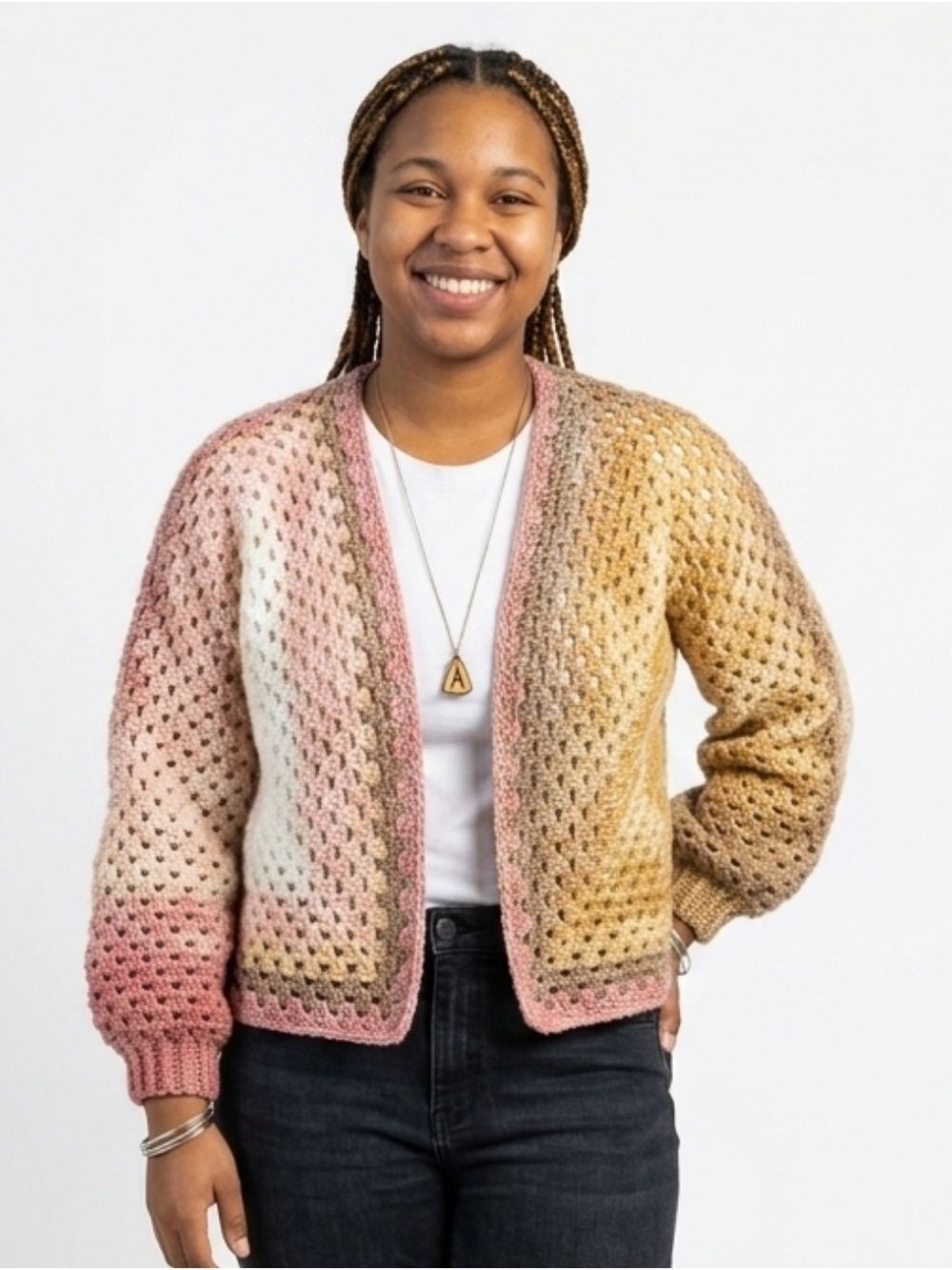 Handmade Gradient Open-Front Crochet Cardigan Sweater  Pink Cream Tan OVERSIZED